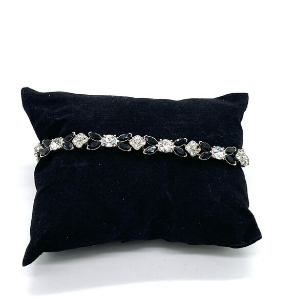 Monet Tennis Bracelet Silver Tone with accent Onyx and Crystals - Picture 2 of 7